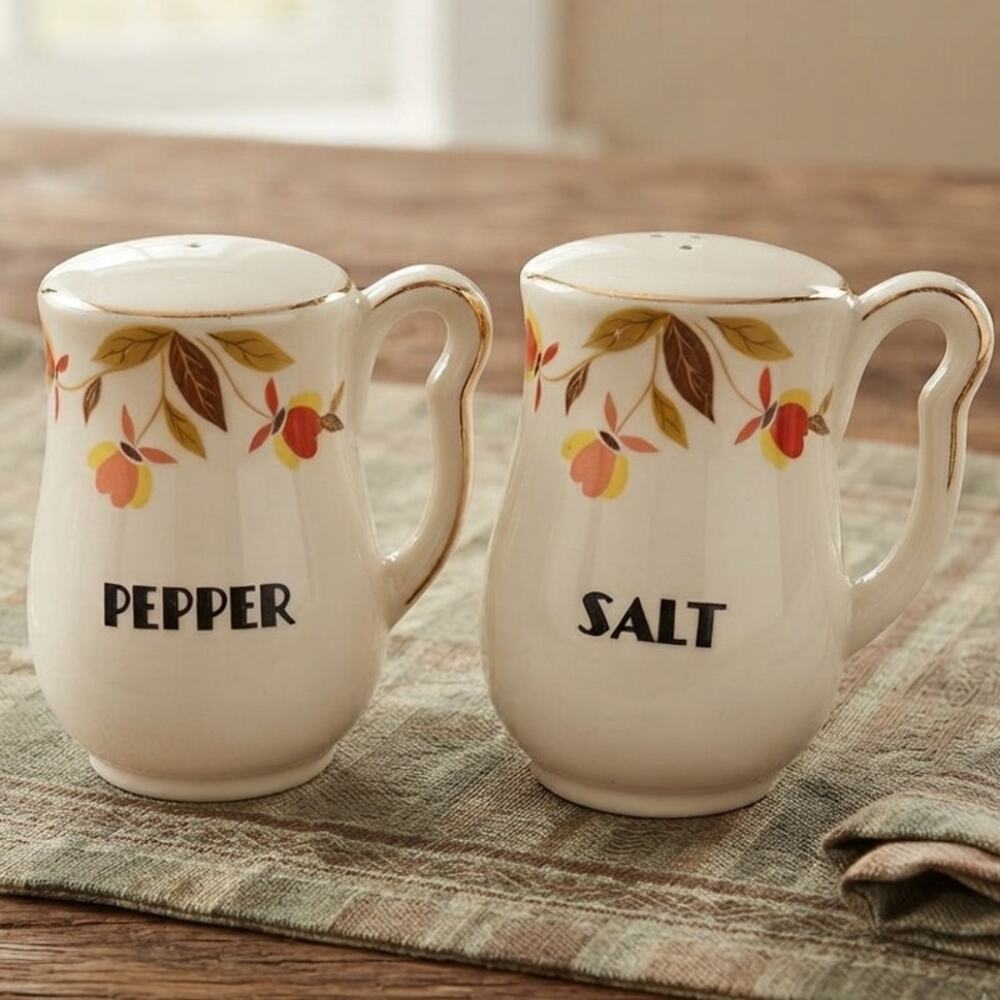 Vintage Hall China Jewel Tea Autumn Leaf Handled Salt Pepper Shakers 4.5in